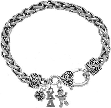 Kappa Delta, Teddy Bear, And White Rose, Licensed Sorority Jewelry Manufacturer, Antique Vintage Wheat Chain Bracelet, Hypoallergenic Safe- No Nickel, No Lead, And No Poisonous Cadmium