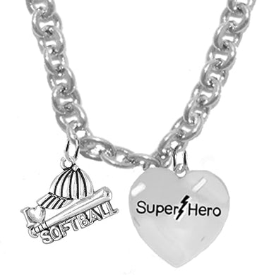 I Love Softball, Super Hero, Sterling Silver, Solid .925 Sterling, Not Plated Or Coated,18 Inch Necklace.Charm,Nickel,Lead Free.Fast