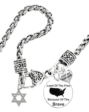 Jewish, Beautiful Silvertone Star Of David, Keep My Son Safe, Land Of The Free, Because Of The Brave On A Antique Wheat Chain Necklace. What A Wonderful Gift For Yourself, Or Someone Special. ©2024