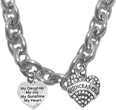 My Daughter, My Joy, My Sunshine, My Heart, and Quinceañera Genuine Crystal Heart On A Sterling Silver Solid .925 Sterling, Not Plated Or Coated Chain Necklace, Charm-Nickel, Lead, Cadmium Free