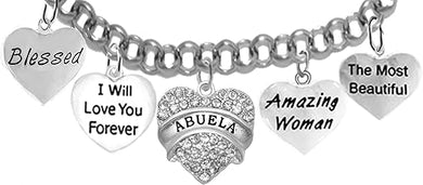 Grandma, Abuela, Blessed, I Will Love You Forever, Abuela Genuine Crystal Heart, Amazing Woman, The Most Beautiful, Adjustable, Hypoallergenic Safe- No Nickel. Lead, Or Poisonous Cadmium