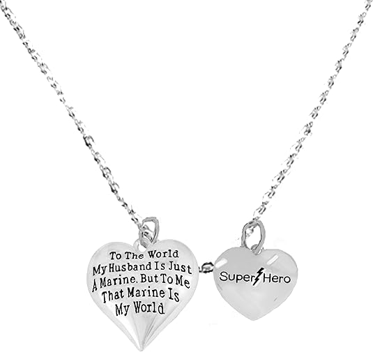To The World My Husband Is Just A Marine, But To Me He Is My World, Super Hero, STERLING SILVER Solid .925 Sterling, Not Plated Or Coated.18 Inch Necklace.Charm Nickel, Lead, Cadmium Free