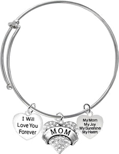 Mom, I Will Love You Forever, My Mom, My Joy, My Sunshine, My Heart, Adjustable Bracelet, Hypoallergenic, Safe-Nickel, Lead, Free