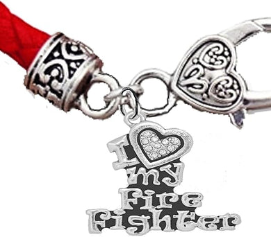 Firefighter's, I Love My Firefighter, On A Red Woven Leather Hypoallergenic Bracelet, Nickel, Lead, And Poisonous Cadmium Free