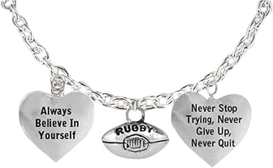 Rugby, Never Give Up, Never Quit, Never Stop Trying Hypoallergenic Large Cable Necklace, Safe-Nickel, Lead and Poisonous Cadmium Free.