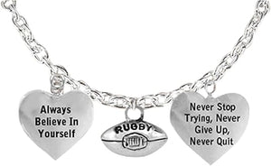 Rugby, Never Give Up, Never Quit, Never Stop Trying Hypoallergenic Large Cable Necklace, Safe-Nickel, Lead and Poisonous Cadmium Free.