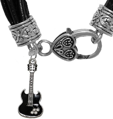 Black Guitar On Genuine Multi String Black Leather Bracelet, Hypoallergenic Safe-Nickel, Lead And Cadmium Free