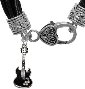 Black Guitar On Genuine Multi String Black Leather Bracelet, Hypoallergenic Safe-Nickel, Lead And Cadmium Free