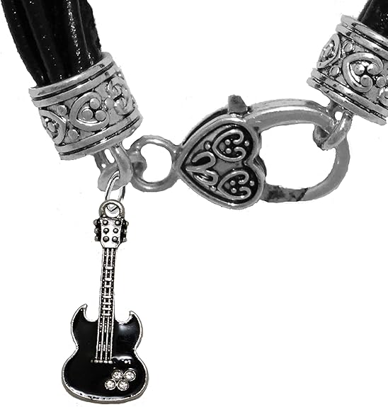 Black Guitar On Genuine Multi String Black Leather Bracelet, Hypoallergenic Safe-Nickel, Lead And Cadmium Free