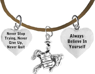 Barrel Racing, Never Give Up Never Quit, Never Stop Trying, Believe In Yourself. 3 Charm Adjustable Brown Suede Bracelet, Hypoallergenic-Safe. No Nickel, Lead, Or Cadmiumee