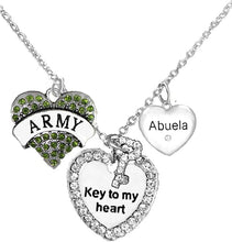 Army Abuela Genuine Crystal Key to My Heart & Crystal Abuela Heart, Adjustable Hypoallergenic, Safe-Nickel, Lead, Cadmium Free