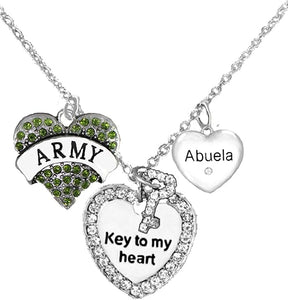 Army Abuela Genuine Crystal Key to My Heart & Crystal Abuela Heart, Adjustable Hypoallergenic, Safe-Nickel, Lead, Cadmium Free