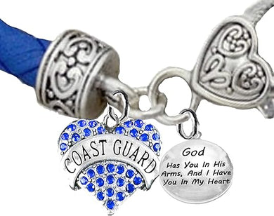 Coast Guard, God Has You In His Arms, And I Have You In My Heart Charm Genuine Leather Bracelet, Hypoallergenic, Safe- Nickel, Lead, and Cadmium Free
