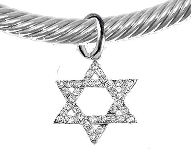 Jewish Crystal Star Of David On A Silver Cable Adjustable Cuff Bracelet Hypoallergenic, Safe-Nickel, Lead, And Cadmium Free