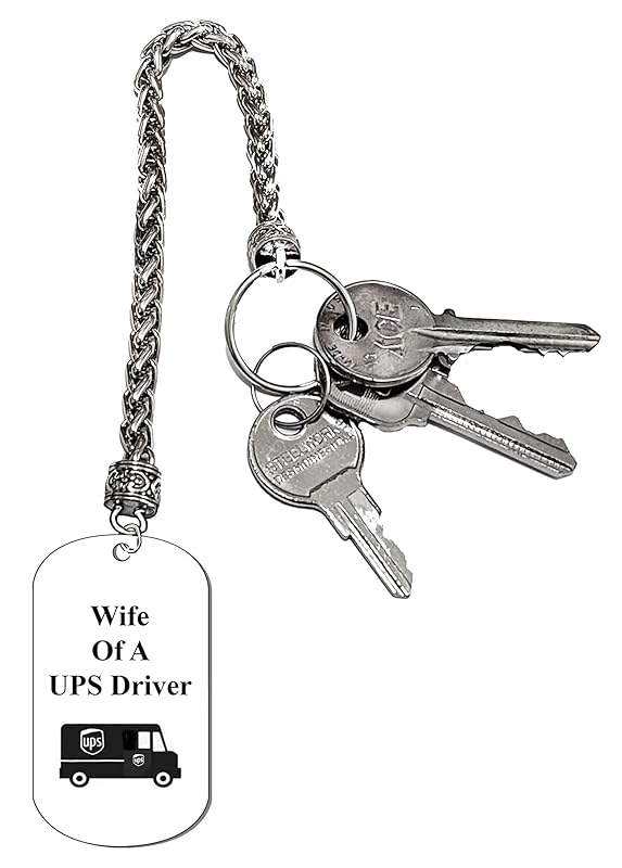 Wife Of A UPS Driver, Dog Tag On A Wheat Chain Key Chain. 9 Inches Long. Won't Get Losted In Your Purse. What A Great Gift For Yourself, Or Somebody Special. Beautiful Premium Quality, Silvertone