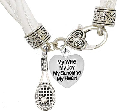 Tennis, My Wife, My Joy, My Sunshine, My Heart, Hypoallergenic White Leather Bracelet, Safe-Nickel, Lead, and Cadmium Free!