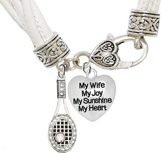 Tennis, My Wife, My Joy, My Sunshine, My Heart, Hypoallergenic White Leather Bracelet, Safe-Nickel, Lead, and Cadmium Free!