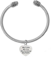 Message Bracelet, My Love, My Joy, My Sunshine, My Heart, Breathtaking Adjustable Silver Cable Cuff Bracelet, Hypoallergenic, Safe-Nickel, Lead, Cadmium Free