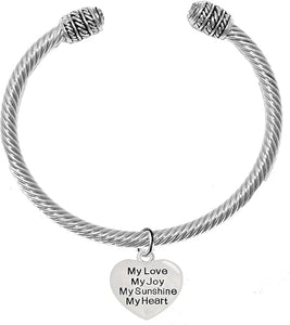 Message Bracelet, My Love, My Joy, My Sunshine, My Heart, Breathtaking Adjustable Silver Cable Cuff Bracelet, Hypoallergenic, Safe-Nickel, Lead, Cadmium Free