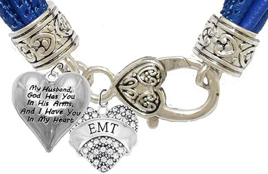EMT Genuine Crystal Heart, My Husband God Has You In His Arms, I have You In My Heart, On A Blue Leather Hypoallergenic Bracelet, Nickel, Lead, And Poisonous Cadmium Free