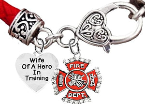 Firefighter, Wife Of A Hero In Training, Fire Department Charm, On Genuine Red Leather Bracelet, Hypoallergenic Safe-Nickel, Lead And Cadmium Free