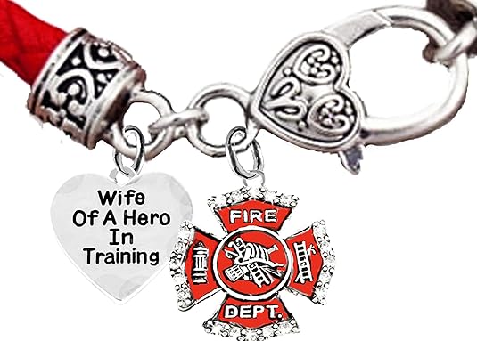 Firefighter, Wife Of A Hero In Training, Fire Department Charm, On Genuine Red Leather Bracelet, Hypoallergenic Safe-Nickel, Lead And Cadmium Free