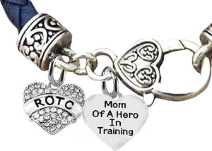 ROTC, Mom Of A Hero In Training,Genuine Navy Blue Leather Bracelet, Hypoallergenic Safe-Nickel, Lead And Cadmium Free
