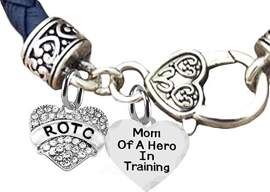 ROTC, Mom Of A Hero In Training,Genuine Navy Blue Leather Bracelet, Hypoallergenic Safe-Nickel, Lead And Cadmium Free