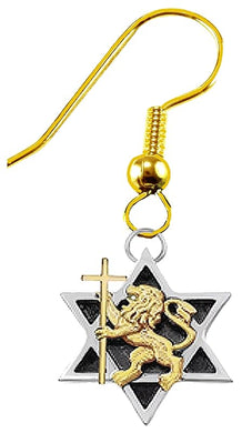 Messianic, Yeshua, Lion Of Judah Holding Cross,14KT Goldtone, On Silvertone Star Of David On A Fishhook/Wire Earring. What A Great Gift For Yourself, A Friend, Or Family Member. Hypoallergenic-Safe