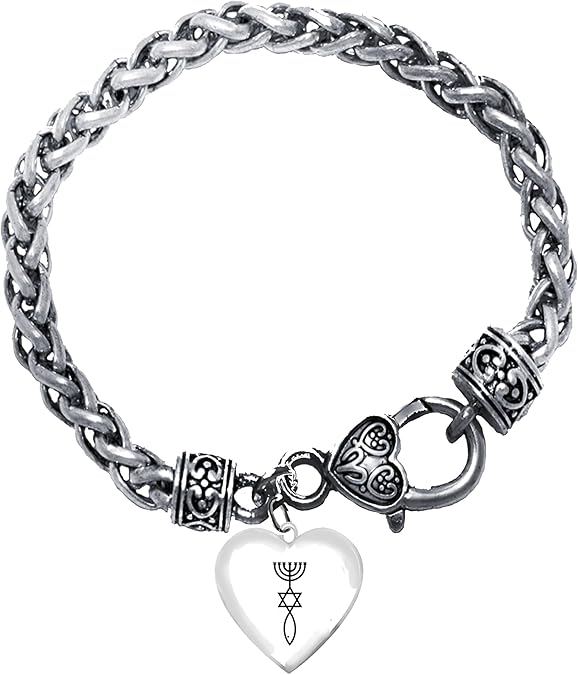 Messianic, The Seal of Jerusalem,On A Beautiful Heart Suspended On A Adjustable Antique Wheat Chain Bracelet,Hypoallergenic,Nickel,Lead & Cadmium Free ©2022, Large, Silver, Carnelian