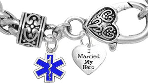 EMT, Parmedic, EMT Firefighter's I Married My Hero, Fire Department Charm, On Antique Wheat Chain Bracelet, Hypoallergenic Safe-Nickel, Lead And Cadmium Free