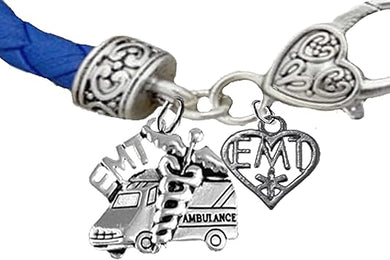 EMT Ambulance, I Love My EMT Heart, On A Blue Leather Hypoallergenic Bracelet, Nickel, Lead, And Poisonous Cadmium Free