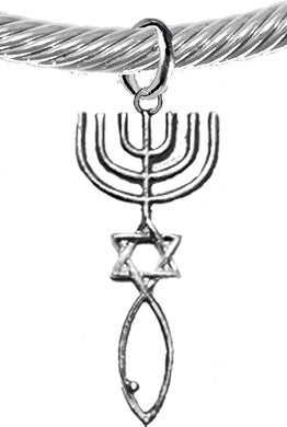 Messianic Seal of Jerusalem With Menorah, Star Of David, Christian Fish ( Ichthys ) On A Adjustable Silver Cable Bracelet, With Genine Crystal Ends, Hypoallergenic, Safe-Nickel, Lead, Cadmium Free