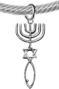 Messianic Seal of Jerusalem With Menorah, Star Of David, Christian Fish ( Ichthys ) On A Adjustable Silver Cable Bracelet, With Genine Crystal Ends, Hypoallergenic, Safe-Nickel, Lead, Cadmium Free