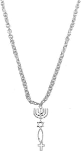 Contemporary Cross, Suspended from Messianic Seal of Jerusalem with Menorah, Star of David, Christian Fish On A Adjustable, Hypoallergenic, Safe-Nickel, Lead, Cadmium Free
