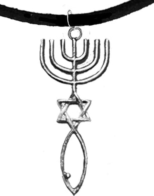 Messianic Seal of Jerusalem with Menorah, Star of David, Christian Fish (Ichthys) On A Adjustable Black Suede Bracelet, Hypoallergenic, Safe-Nickel, Lead, Cadmium Free