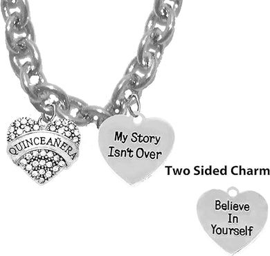 Quinceañera Genuine Crystal Heart, My Story Isn't Over, Beleive in Yourself On A Sterling Silver Solid .925 Sterling, Not Plated Or Coated Chain Necklace, Charm-Nickel, Lead, Cadmium Free