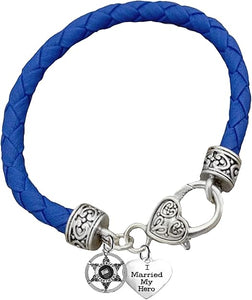 Deputy Sheriff's, I Married My Hero, On A Genuine Light Blue Leather Bracelet, Hypoallergenic Safe-Nickel, Lead and Cadmium Free