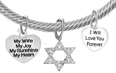 Jewish, My Wife, My Joy, My Sunshine, My Heart, I Will Love You Forever, And A Crystal Star Of David, With Crystal Ends, Hypoallergenic, Safe-Nickel, Lead, And Cadmium Free