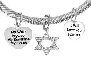 Jewish, My Wife, My Joy, My Sunshine, My Heart, I Will Love You Forever, And A Crystal Star Of David, With Crystal Ends, Hypoallergenic, Safe-Nickel, Lead, And Cadmium Free