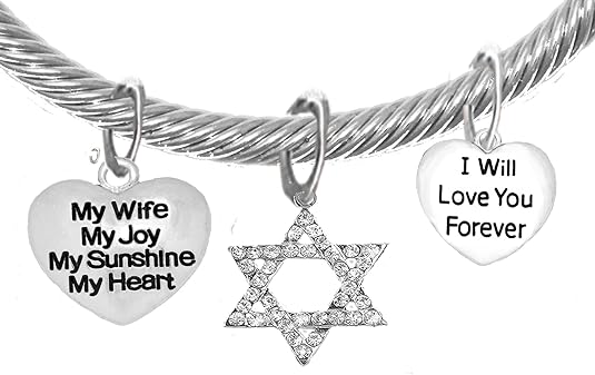 Jewish, My Wife, My Joy, My Sunshine, My Heart, I Will Love You Forever, And A Crystal Star Of David, With Crystal Ends, Hypoallergenic, Safe-Nickel, Lead, And Cadmium Free