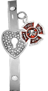 Firefighter's Mom, The Key to My Heart Cuff Crystal Bracelet, It Really Locks! Hypoallergenic, Safe-Nickel, Lead, Free