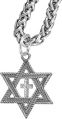 Messianic Christian Silver Star Of David With Silver Austrian Crystal Cross, On A Antique Wheat Chain Necklace, Hypoallergenic-Safe, No Nickel, Lead, Or Cadmium In The Metal ©2023