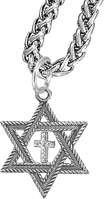 Messianic Christian Silver Star Of David With Silver Austrian Crystal Cross, On A Antique Wheat Chain Necklace, Hypoallergenic-Safe, No Nickel, Lead, Or Cadmium In The Metal ©2023