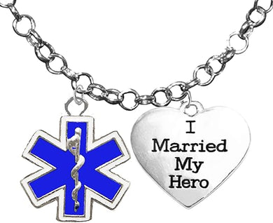 EMT, Parmedic, EMT Firefighter's I Married My Hero, On A Adjustable Rolo Chain Necklace, Hypoallergenic Safe-Nickel, Lead And Cadmium Free