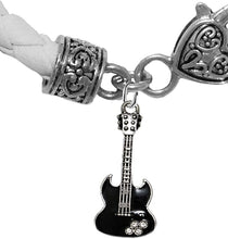 Black Guitar On Genuine White Leather Bracelet, Hypoallergenic Safe-Nickel, Lead And Cadmium Free