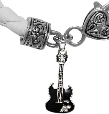 Black Guitar On Genuine White Leather Bracelet, Hypoallergenic Safe-Nickel, Lead And Cadmium Free