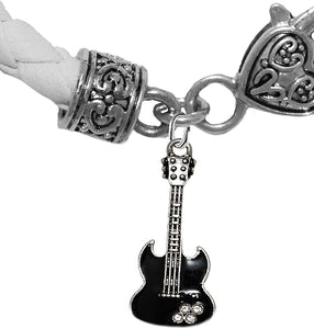 Black Guitar On Genuine White Leather Bracelet, Hypoallergenic Safe-Nickel, Lead And Cadmium Free