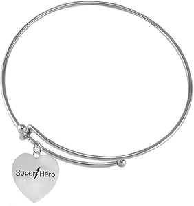 Super Hero Heart Charm On A Miracle Wire Adjustable Bracelet, Hypoallergenic Safe- No Nickel. Lead, Or Poisonous Cadmium
