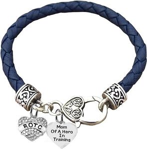 ROTC, Mom Of A Hero In Training,Genuine Navy Blue Leather Bracelet, Hypoallergenic Safe-Nickel, Lead And Cadmium Free